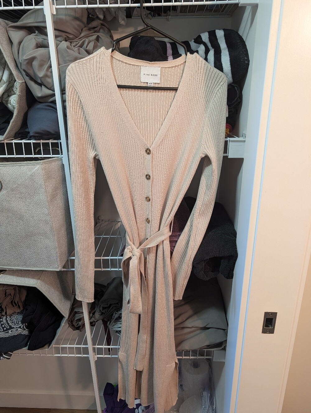 Pink Rose Ribbed Knit Button Up Midi Dress